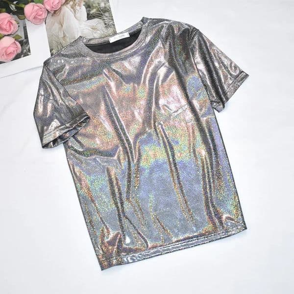 Womens Sparkly Shiny Metallic Holographic Round Neck Short Sleeve Casual Loose Top Festival Party Tee Shirt Female Clothes 260526