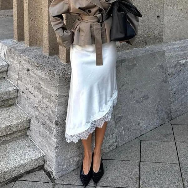 Skirts Satin Lace Skirt Women Summer Elegant Irregular Trim Mini Vintage Elastic Waist Flowy A Line Long Y2k