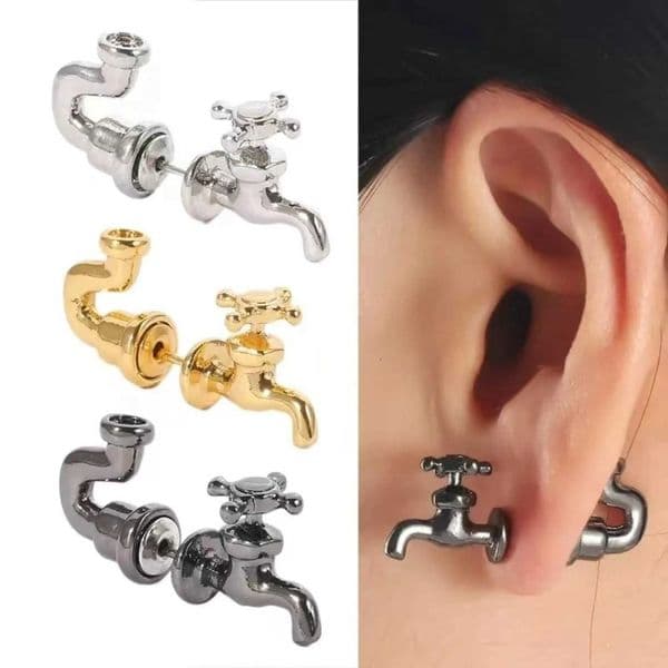3D Water Tap Faucet Stud Earrings Punk Style Statement Piercing for Men And Women Funny Creative Ear Jewelry Q260525