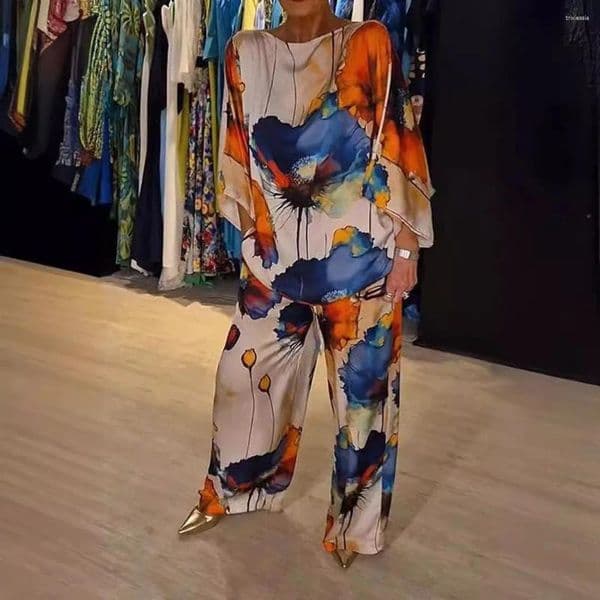 Women's Two Piece Pants Casual Sets For Women 2 Pieces Summer Fashion Printed Satin Sexy Round Neck Top Wide Leg Long Outfits
