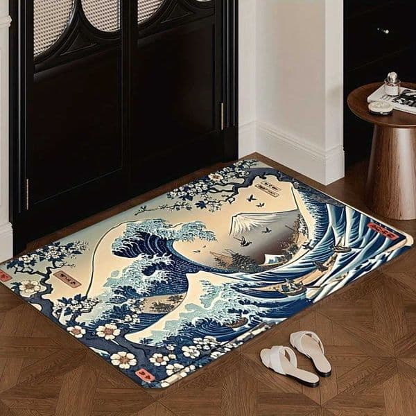 Japanese Blue Wave Floral Entrance Mat Non-Slip Washable Floor Rug for Kitchen Bathroom Entryway Artistic Home Decor W260525