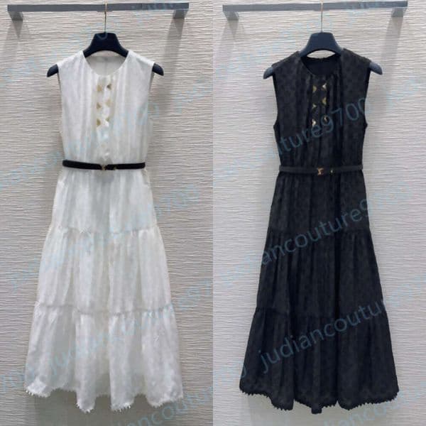 Elegant Dresses for woman designer Monogram Brand logo Full Jacquard Sleeveless Gold Button Detail Midi Dress With Belt Casual Luxury Summer Dresses