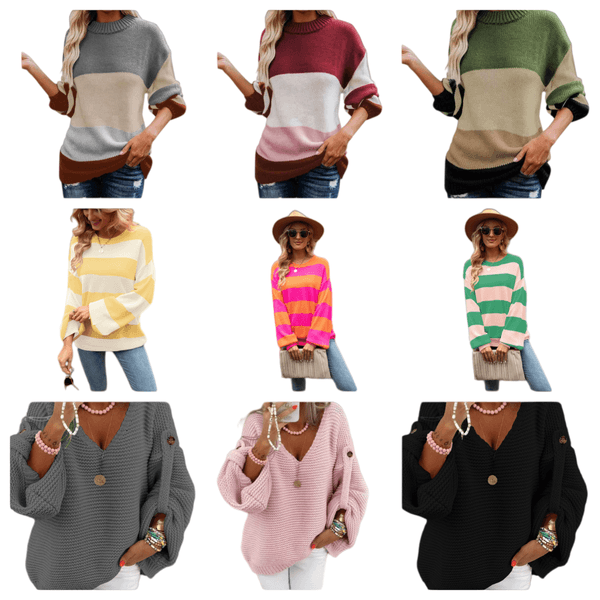 Autumn and Winter Women's Knitted Sweater Fashion Loose Large Round Neck Fresh and Simple Stripe Splicing Knitted Sweater
