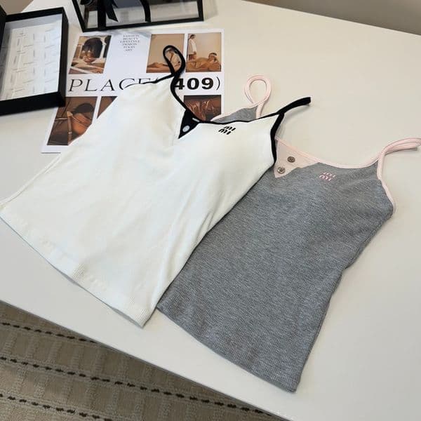 Women's Tanks & Camis miu vesLinen Blend Long Sleeve Tee, letter Print Casual Streetwear T Shirt, Designer tee, Black White Colors 42w79