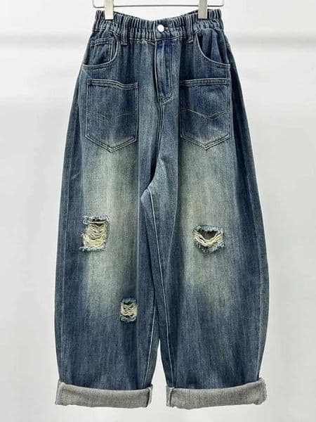 Summer ripped loose denim dad pants womens fashion personality elastic high waisted versatile casual carrot pants trendy M260525