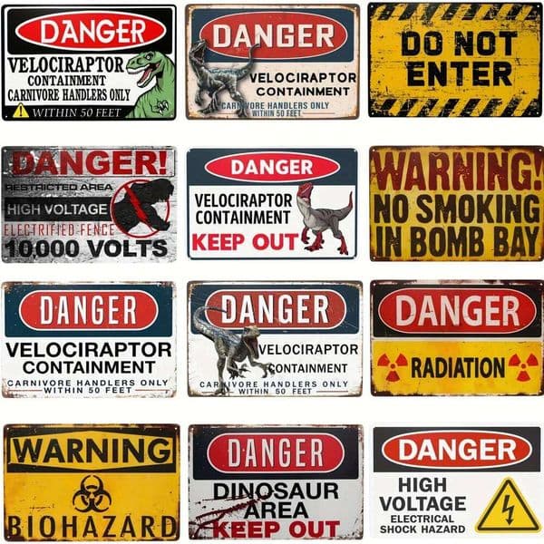 Metal Sign"Danger High Voltage Electrical Shock Hazard,Danger Velociraptor Containment",Tin Sign For Indoor/Outdoor,AluminumSign 26Y0526