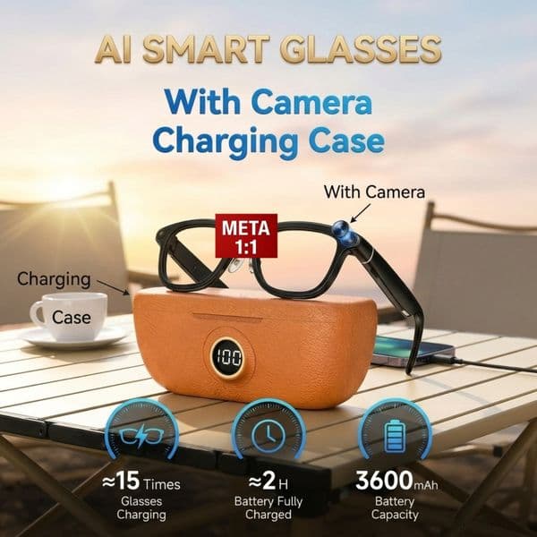 AI Smart Glasses with Camera, Charging Case, Sunglasses High-definition 8MP Anti-shake Photography, 1200P Video Recording, AI Translation, and Bluetooth Music Playback