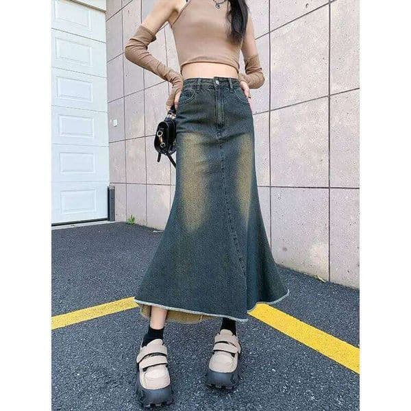 2025 New Elegant Long Denim Arrival Retro Casual Cotton Blue Street Ladies Skirts Fashion Loose Washed A-Line Skirt
