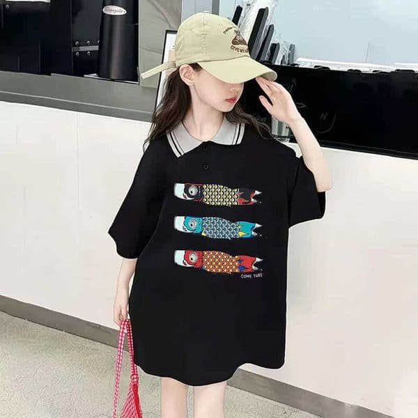 2026 Girls College Style Casual Versatile Loose Short-Sleeve Polo Shirt with Cartoon Print Comfortable Short-Sleeve Design L260521FMKP