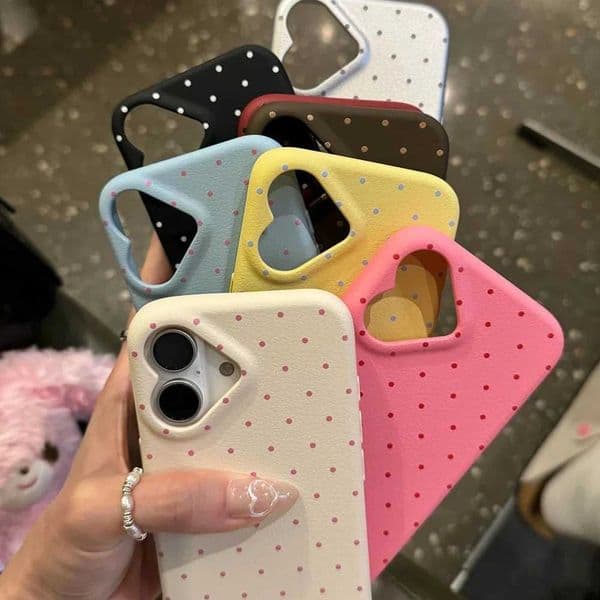 Korean Cute Love Heart Shape Camera Dots Leather Case For iPhone 17 Air 16 Pro 15 14 13 12 Pro Max Japan Kawaii Girl Soft Cover T260525