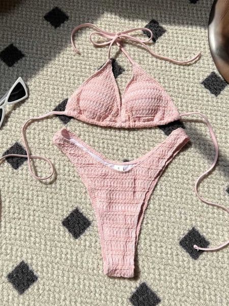 Sexy Knitted Hollow Handmade Crochet Bikini Set Women Pink Bandage Criss Cross Micro Swimsuit 2025 Bathng Suit Thong Swimwear C260527