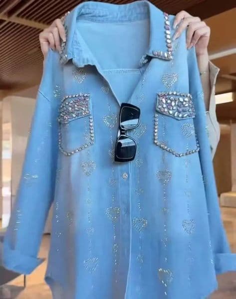 In 2025 Autumn Trend Fashionable Diamonds Denim Shirts and Blouses for Womens Loose Casual Outwear Top Woman Clothes 260526