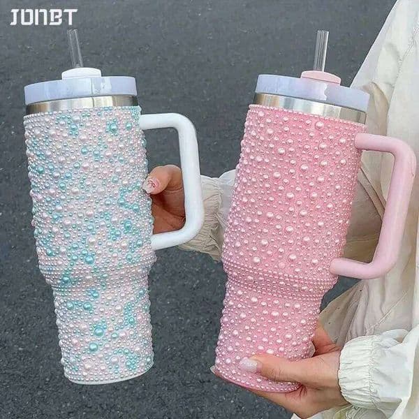 40oz Diamond Thermos With Handle 304 Stainless Steel Vacuum Flasks Portable Car Coffee Cup Insulated Thermal Water Bottles 26L0527