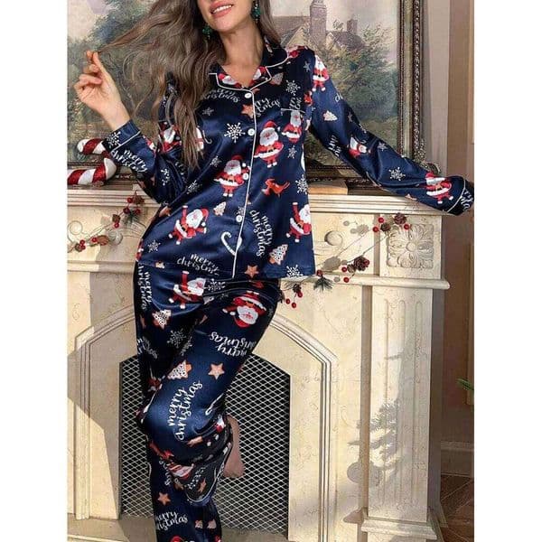 Father Christmas Print Satin Pajama Set Long-Sleeve Lapel Top And Pants Breathable Fabric Ideal For Cozy Sleepware Loungewear