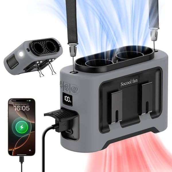 Socool 14500mAh Portable Waist Fan Dual Airflow Outlet Turbo Motors with Four Clips Emergency Flashlight Power Bank for Outdoor ddmysaturn