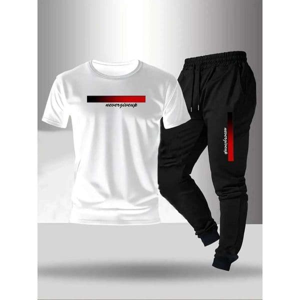 Summer New Men's Fashion Letter Stripe Printed Breathable Round Neck T-shirt Pants Outdoor Casual Two Piece Set