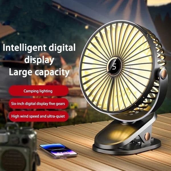 2025 8000mAh Clip-on Fan 5 Speed Quiet Rechargeable Desktop Portable Air Circulator Wireless Fan With LED Light For Office