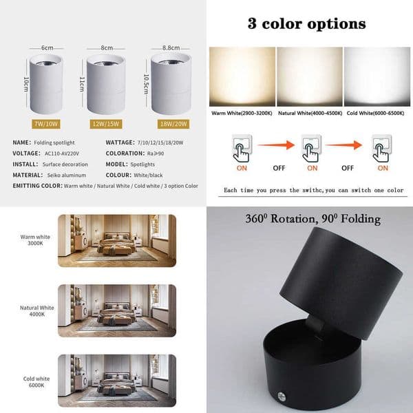 Dimmable LED Downlight Foldable Ceiling Spotlight 10W 15W 20W Surface Mounted Aluminum Spots Lamp For Room Home Kitchen Bathroom W260527