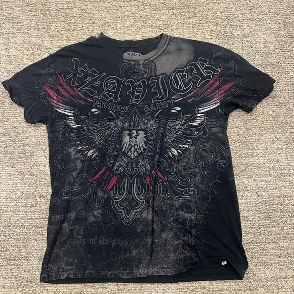 Mens Large Black Red Affliction-Style Xzavier Shirt Vintage Grunge Streetwear Y2K Retro Distressed T-Shirt Trendy 260527