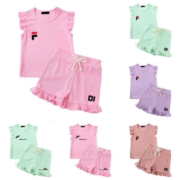 Kids Designer Clothes Sets Toddler Baby 2 Piece Summer Outfit Ribbed Ruffle Sleeveless Set Baby Boys Girl Tracksuit Letter Print Children Sport Suits PYD