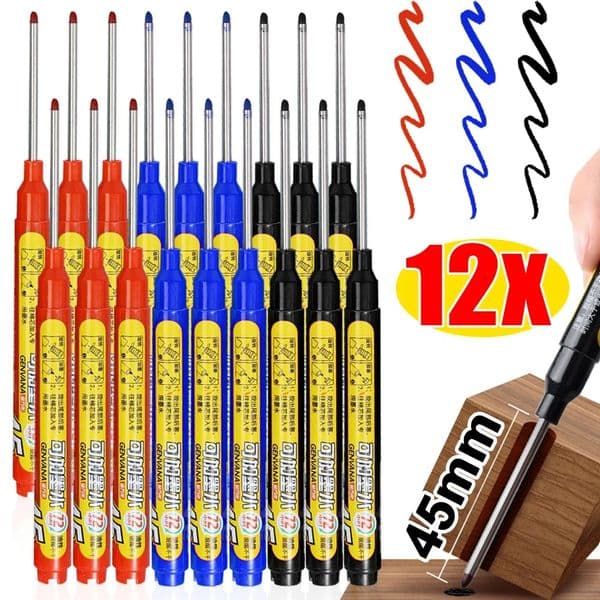 1-12Pcs Multi-purpose Deep Hole Marker Pens Waterproof 45mm Long Nib Head Carpenter Pen for Bathroom Woodworking Decoration 260526