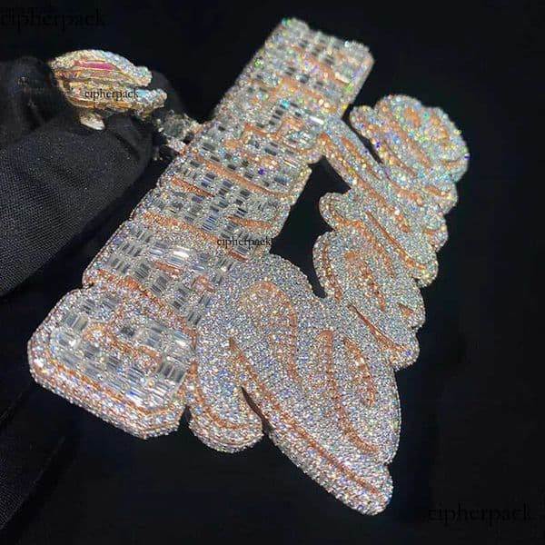 High Quality Vvs Moissanite Islam Iced Out Baguette Cut Hip Hop Initial Letter Pendant Fine Jewelry For Men Women e1