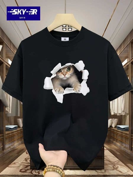 Mens Summer 100 Cotton 3D Cat Graphic Printed Fashion Sports and Leisure Loose Round Neck Short Slve T-shirt Top D260527