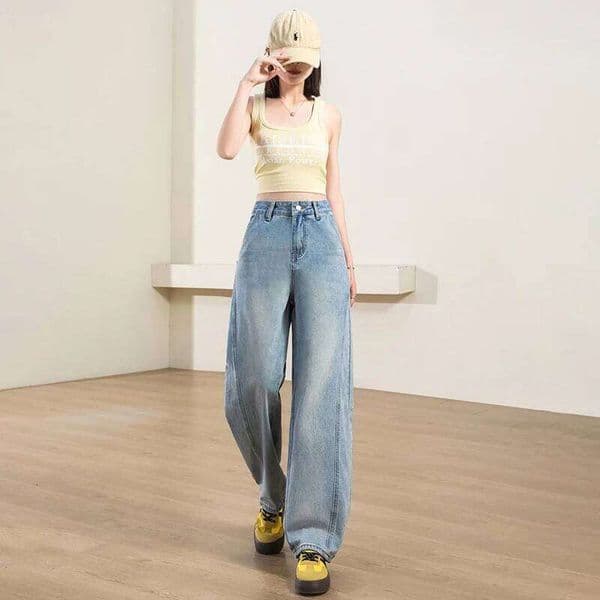 Womens Y2k Jeans Loose Fit Light Blue Anti Fade New Style Scythe Pants Simple Slimming Curved Hem Flowy Floor Length