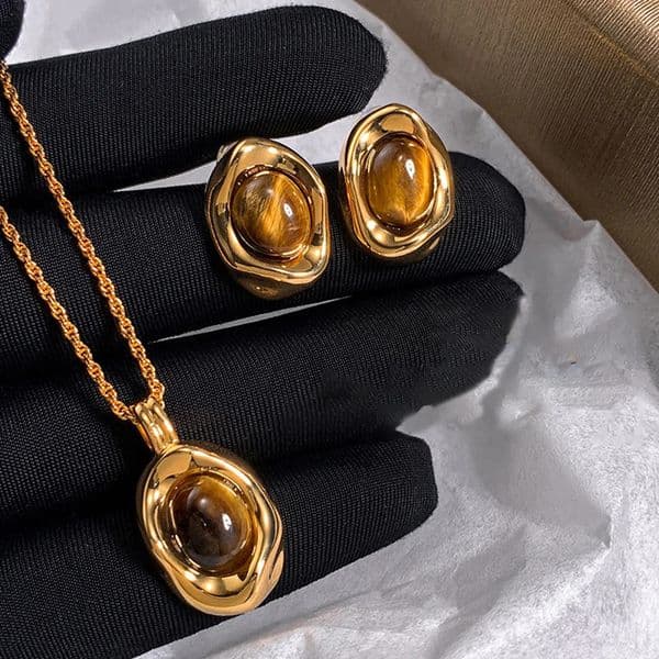 Tiger Eye Single Pendant Necklace Earrings Rings Set for Woman Elegent Brown Stone Fine Jewelry Friendship Holiday Gift 260526
