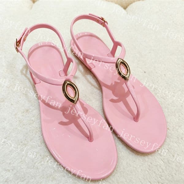 Women Jelly Thong Sandals with Gold Buckle, Flat Flip Flop Style with Adjustable Ankle Strap for Summer Beach & Casual Wear 35601