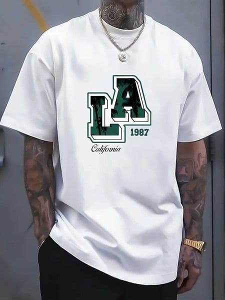 Summer mens 100 cotton Los Angeles letter printed fashionable casual loose sports round neck short slved T-shirt top D260527