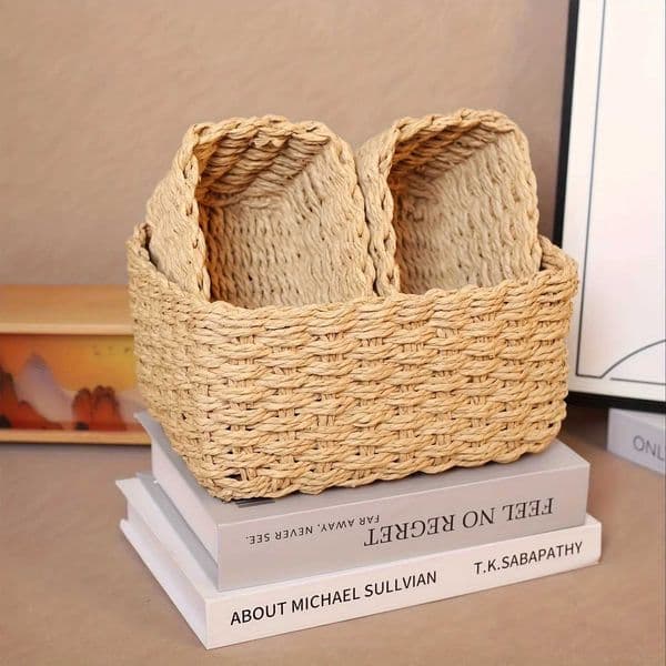 Cute Woven Storage Basket 3pcs Woven Storage Basket Paper Rope Organizing Basket Small Cute Gift for DecorationJ260527