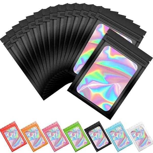 50Pcs Thick Smell Proof Mylar Bag Holographic Laser Color Plastic Packaging Pouch Jewelry Retail Storage Gift Zip Lock 260527