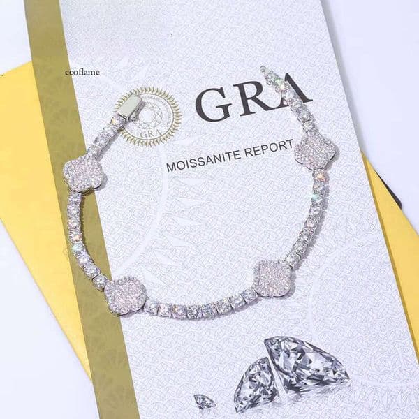 High Quality VVS Moissanite Four Leaf Clover Tennis Bracelet Sterling Sier Gold Plated Iced Out Women's Jewelry