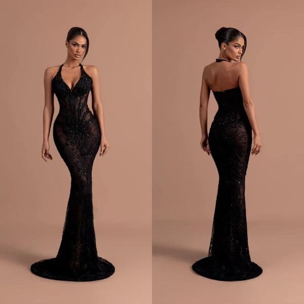 Exquisite Halter Sequins Evening Dresses Backless Crystal Mermaid Prom Dress Illusion Slim Fit Customized Party Gown Vestidos De Noche Plus Size