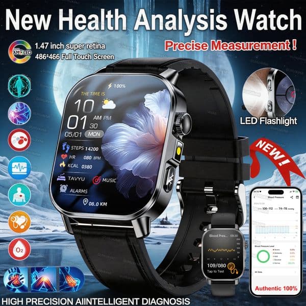 2026New Model Uric Acid Lipid Health Analysis Smart Watch Men ECG PPG Bluetooth Call 2.01-inch LED Flashlight Smart Watch Women
