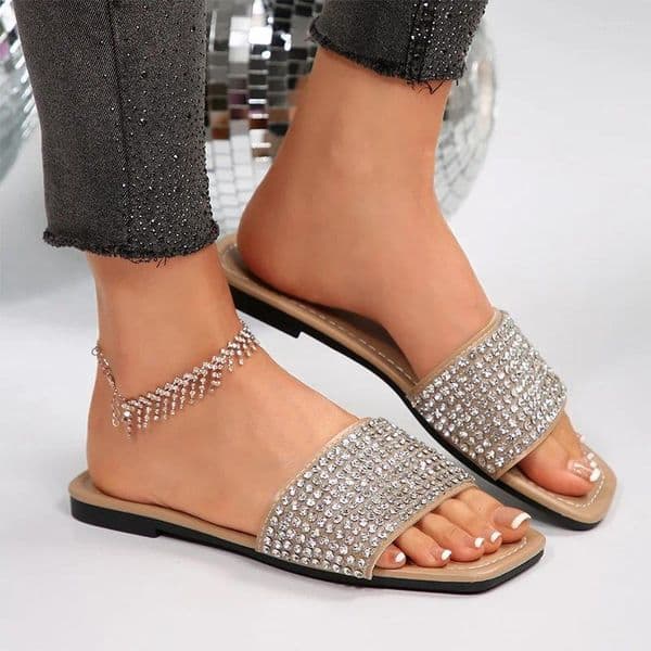 Slippers Shiny Crystal Decor Flat For Women 2026 Summer Lightweight Comfort Square Toe Plus Size Non Slip Beach Shoes