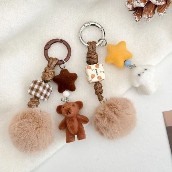 Korean ins cute bear pendant flocking puppy car key pendant handmade braided rope pendant hairball bag pendant 260526