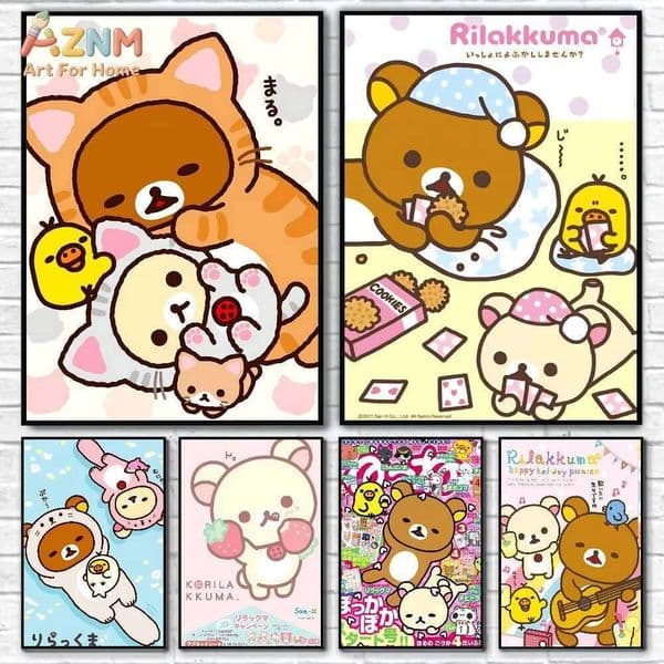 1pcs Cute Cartoon Rilakkuma Poster Self-adhesive Art Waterproof Paper Coffee House Bar Room Wall Decor W260527