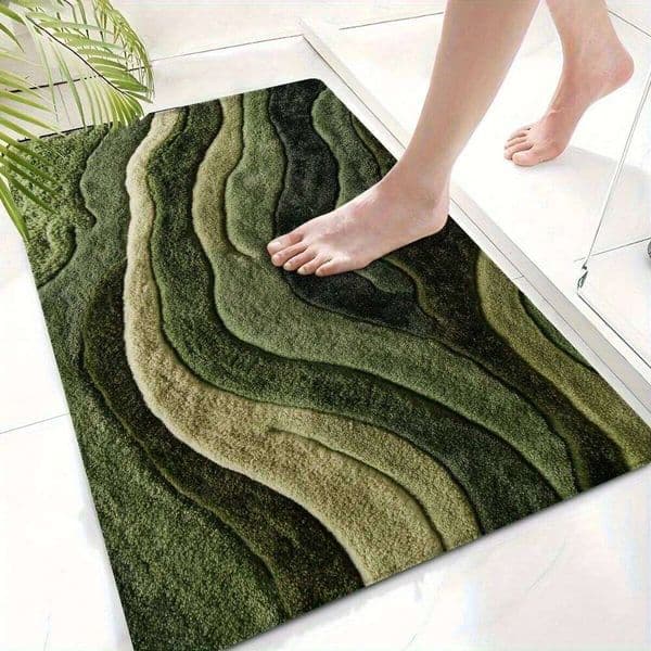 Wave Green Textured Carpet Vibrant Pattern,Machine Washable Absorbent Mat for Bathroom Living Room Bedroom Outdoor, Home Decor 26Y0527
