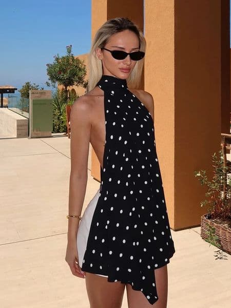 HH Female Fashion Tops Black Polka Dot Backless Lace-Up Decoration Womens Summer Sexy Slim Sleeveless Tops 260527