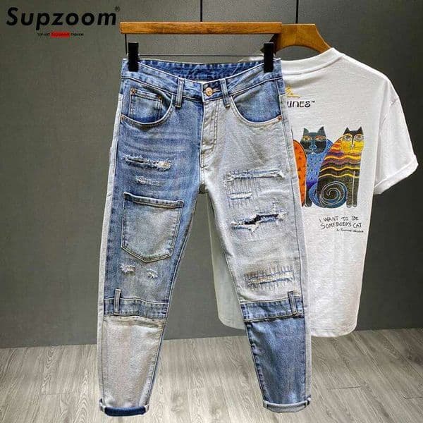 Supzoom New Arrival Hot Sale Top Fashion Autumn Zipper Fly Stonewashed Casual Patchwork Cargo Denim Pockets Cotton Jeans Men 26Y0527