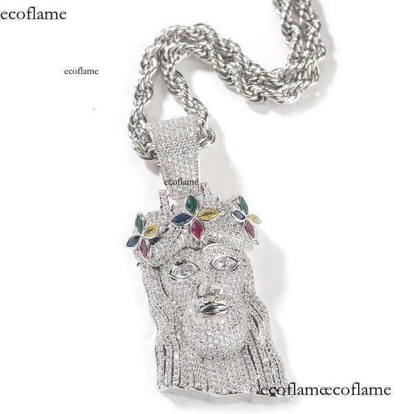 Hip Hop Colorful Cross Flower Jesus Pendant Necklace 5A Zircon Religious Jewelry 96