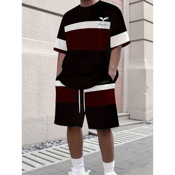 Fashionable men's summer spliced printed pattern breathable round neck T-shirt shorts outdoor casual two-piece set
