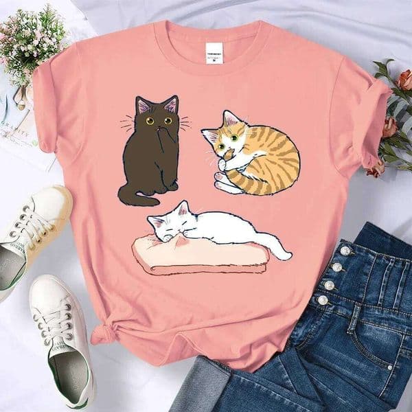 Hip Hop Summer Shirt Casual Comfortable Clothes Crewneck Mischievous Three Colored Kittens Print Women T Shirts Plus Size Tees