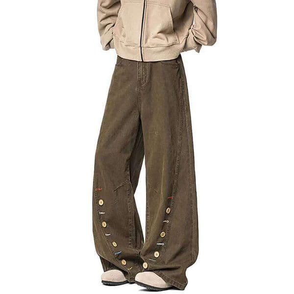 New Summer Vintage Multi Breasted Work Casual Loose Wide Men'S Jeans Straight Leg Pants