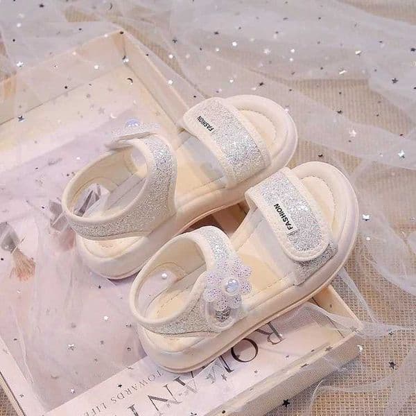 Summer Sparkly Details Girls Sandals Anti-slippery Soft Sole Toddler Beach Shoes with Pink Flowers Princess Elegant Kid FootwearT260527