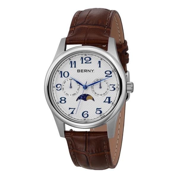 BERNY Watches for Men Moon Phase Quartz Mens Watch Day and Date Calendar Easy Read Vintage-Style Business Dress Wristwatch 260526CJ