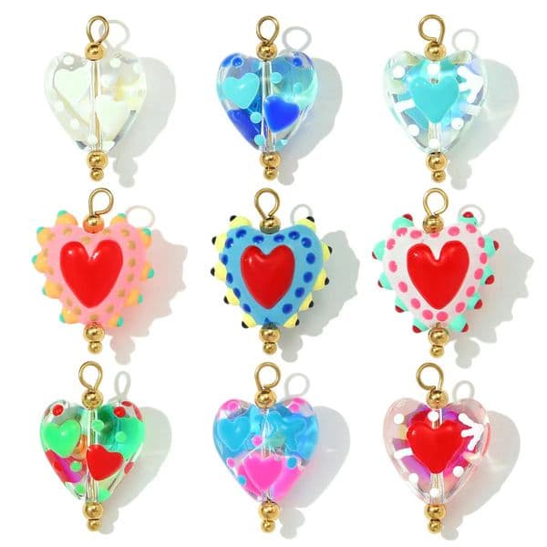 3pcsLot Stainless Steel Cute Heart Lampwork Glass Necklace Pendant Love DIY Earring Charms Women Handmade Twisted Wire Jewelry 260526