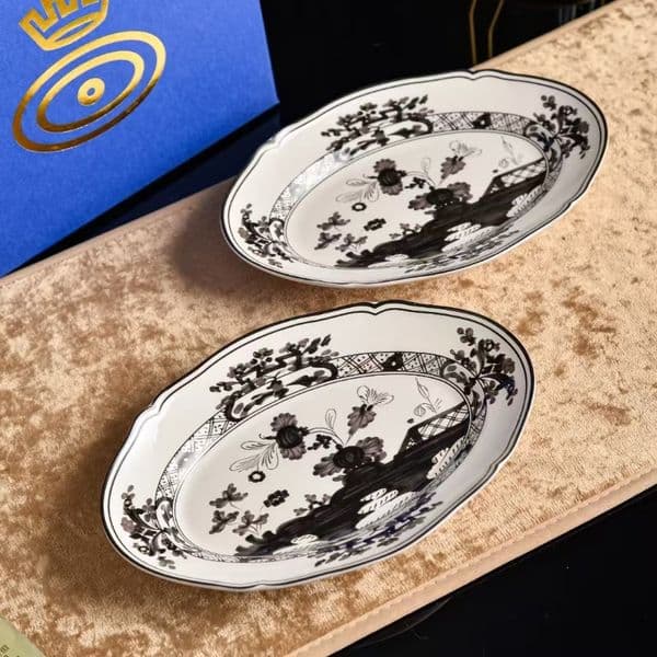 2-piece Set Vintage Black Floral Blue Willow Bone China Oval Platter, Scalloped Edge Porcelain Serving Dish Fish Plate